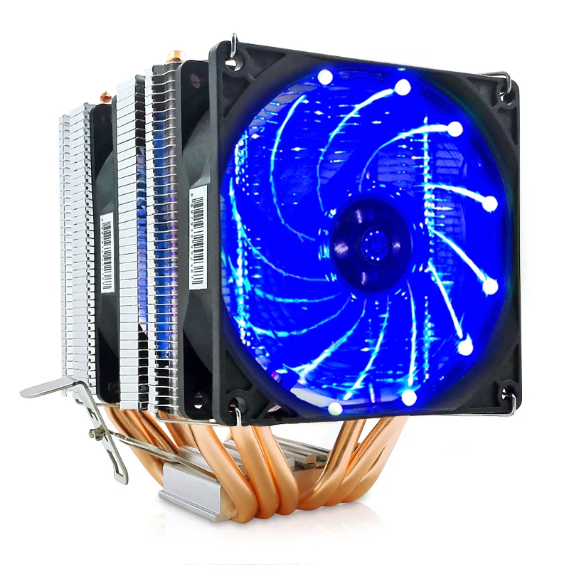 Тихий Процессор радиатора 90 мм светодиодный два вентилятора 3pin охлаждения Процессор охлаждающий вентилятор для 2/4/6 теплопроводов холодильник AMD Intel 775 1150 1151 1155 1156 Процессор вентилятор - Цвет лезвия: 6 Heatpipe Blue