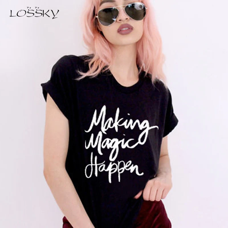 

LOSSKY T-shirt Women English Letter Printed O Neck Short-sleeved Summer Tee Shirt Simple Casual New Black Female Wild Tops 2019