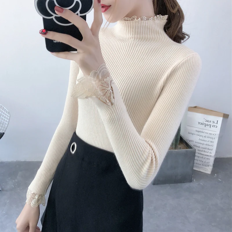 Lace Patchwork Knitted Pullover Women Turtleneck 2018 Autumn Winter Women Sweaters And Pullovers Female Tricot Jumper Pull Femme Sweaters