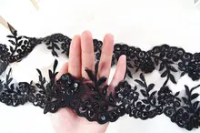 black bead lace trim with sequins, black lace trim by the yard, black alencon lace cold shoulder flowing blouse with lace trim
