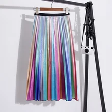 Лето-осень юбки женские модные в полоску, с высокой талией плиссированная юбка средней длины с эластичной резинкой на талии, юбка трапециевидной формы до середины икры длинные юбки для женщин