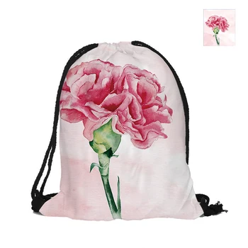 

Pink Carnation Printing Drawstring Backpack Watercolor Style Fashion Polyester Bags For Women Men Child Pouch Backpacks