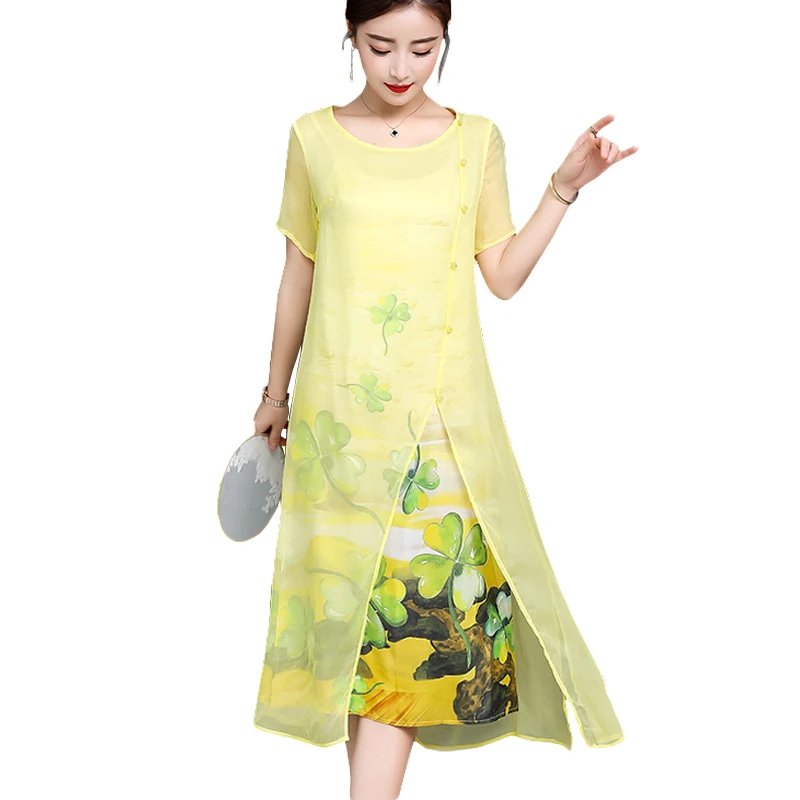 

Yellow chiffon silk floral print dress women 2019 new plus size loose summer long female dresses fashion slit ladies work dress