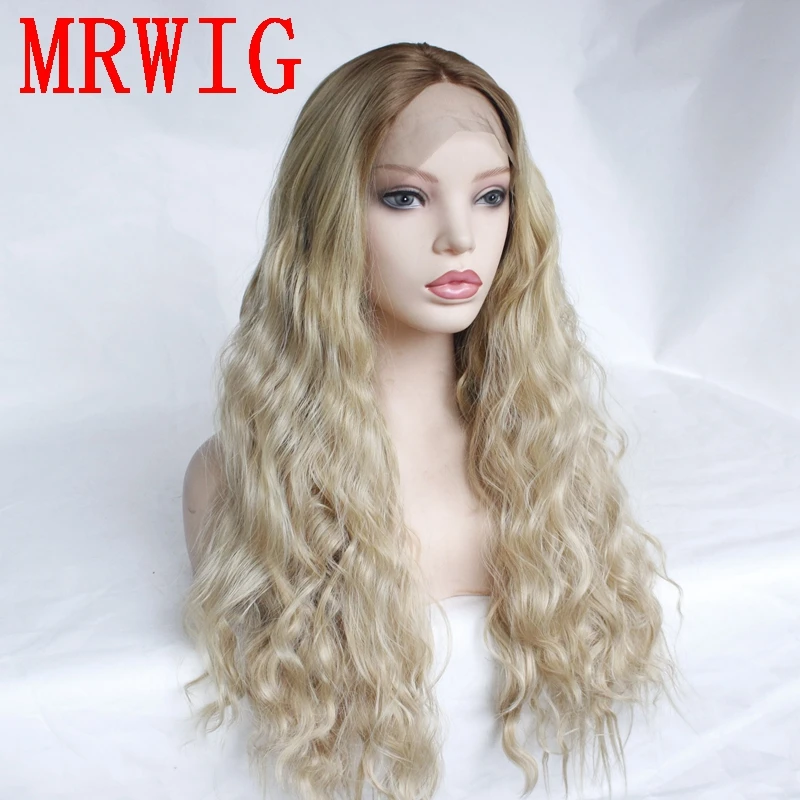 MRWIG Short Dark Roots Brown Ombre Mixed Blonde Middle Part Heat Resistant Fiber Cosplay Synthetic Lace Wig