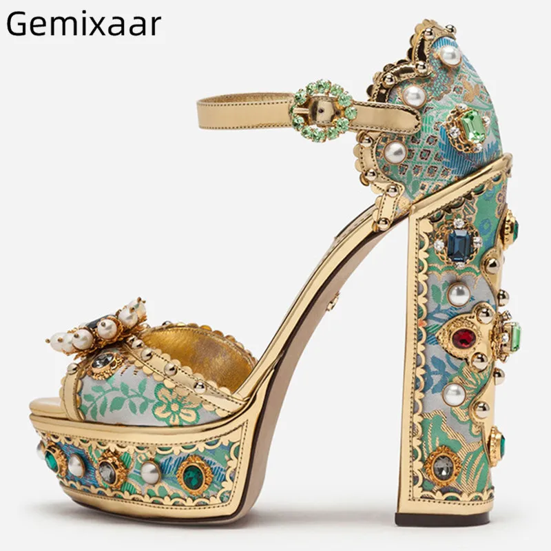 Blue Silk Shoes Woman Peep Toe Decor Pears Narrow Bucke Chic Chunky Square High Heels Studded Crystal Sandalias Woman Sandals