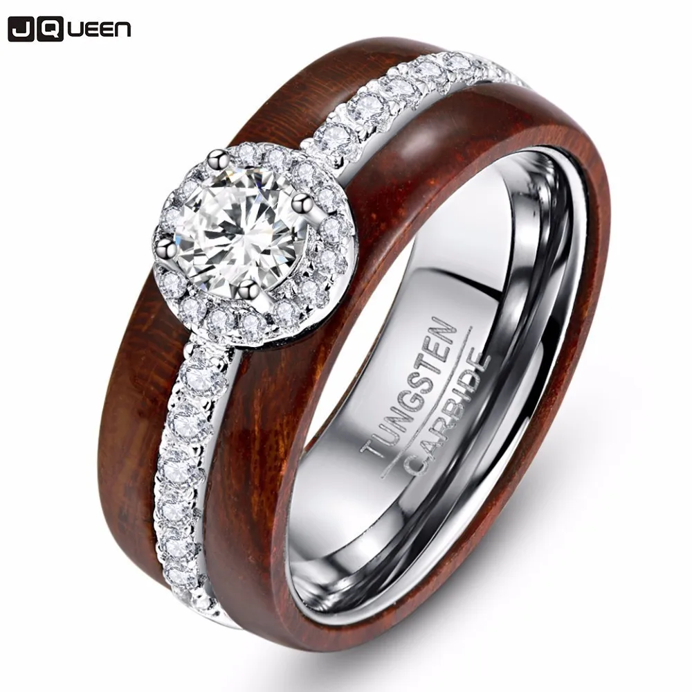 

High Polish 925 Silver Crystal Zircon Man Knuckle Finger Ring Real Koa Wood Tungsten Steel Ring Carbide For Men Bijoux Homme