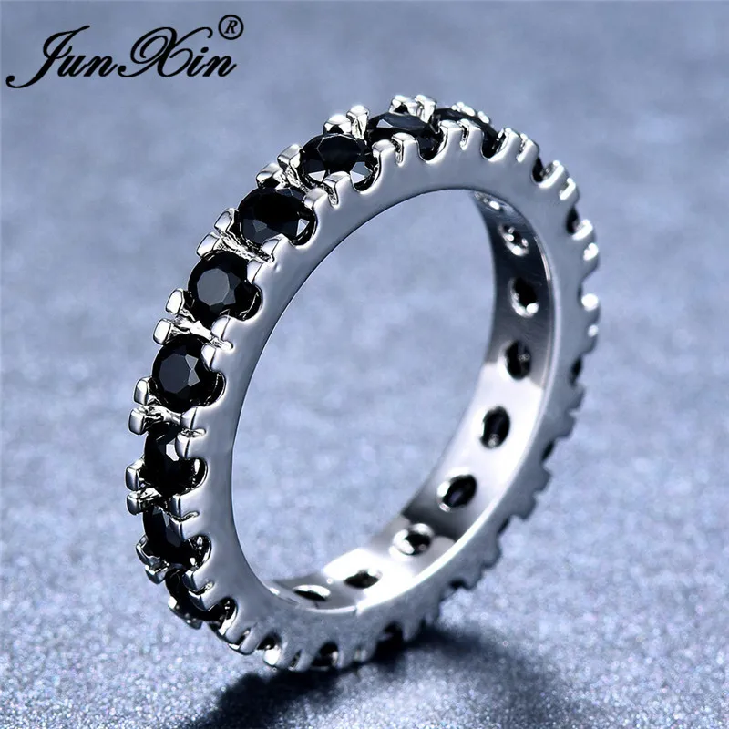 

JUNXIN Single Row Black Zircon Stackable Midi Rings For Women Silver Color Round Wedding Ring Female Male Thin Ring With Stone