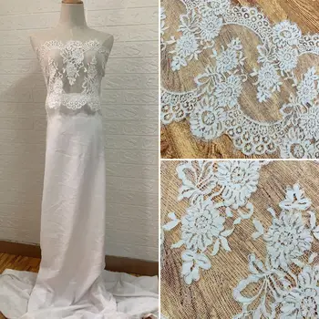 

3 Meters Long 40 CM Wide Off white /Ivory eyelash edge corded embroidery wedding gown dress Chantilly lace trim DIY trimming
