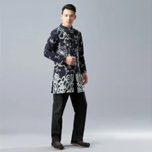 Винтажный стиль, Китайская традиционная Мужская рубашка Кунг-фу, зимняя льняная кашемировая куртка с драконом, черная, синяя хлопковая длинная стеганая куртка