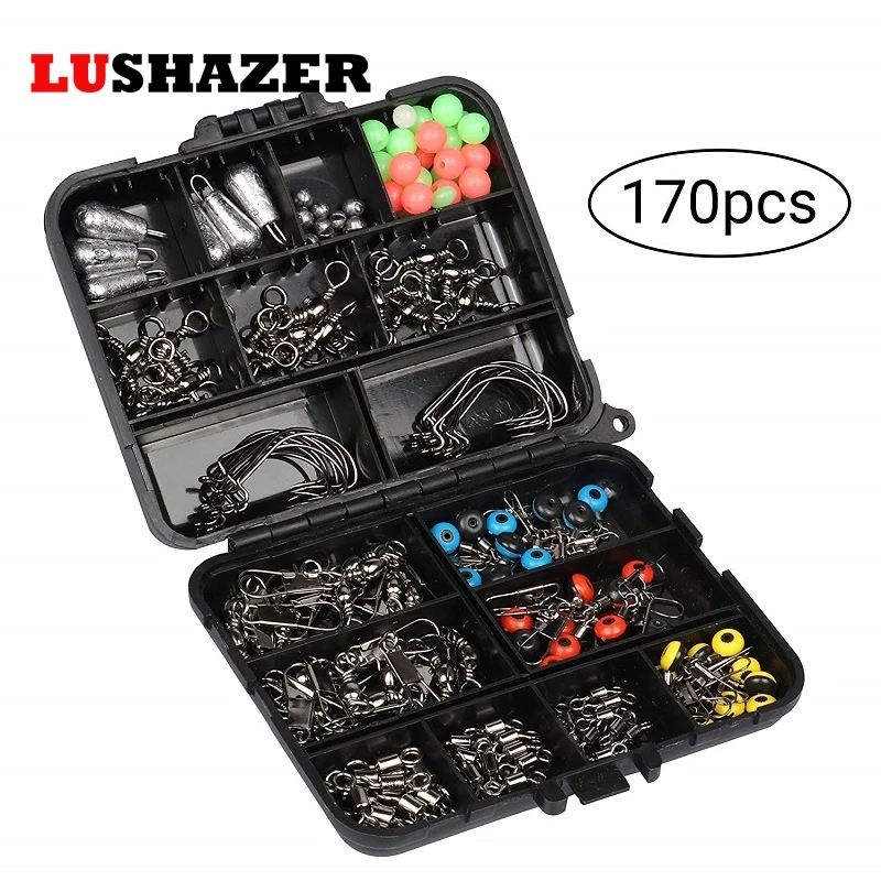 

170pcs/lot LUSHAZER Fishing Tackle Box set with Fishing Hooks,Weights,Jig Heads,O-Rings, Barrel Swivels,Fastlock Snaps Saltwater