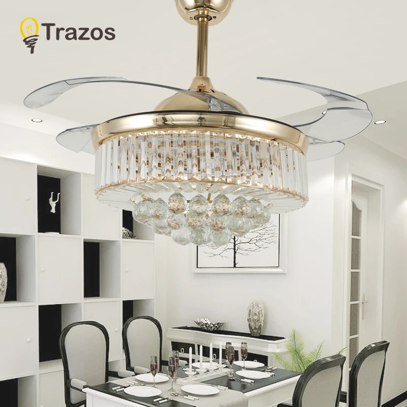 TRAZOS 42 Inch LED Modern Crystal Ceiling Fan Lamp Living Room Bedroom Retractable Ceiling Fans With Lights Remote Control 220v