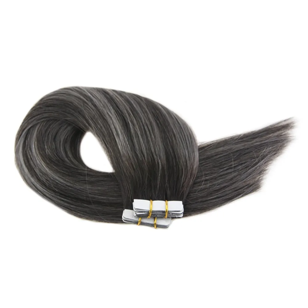 Moresoo Tape in Remy Human Hair Extensions Seamless Skin Weft Adhesive Hair Glue on Extensions Natural Black Fading to Silver