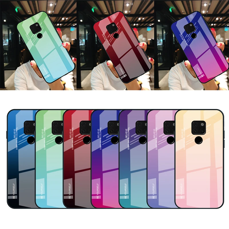 

Gradient Color Case For Huawei Mate 20 10 Lite Pro Luxury Real Tempered Glass Phone Shell Drop-Proof Cover Soft TPU Silicone