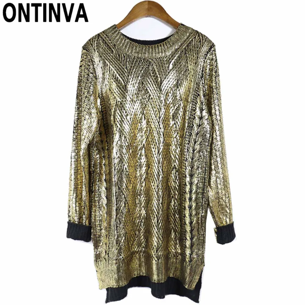 

Women Knitted Pullovers Sweaters Sequin Fashion Golden Loose Oversized Womens Jumpers 2019 Mujer Long Sleeve Winter Sweaters