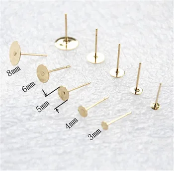 

50pcs Gold Color Stainless Steel Ear Post Earring Base Fit 3mm 4mm 5mm 6mm 8mm Cabochon Cameo Bezel Settings For Jewelry Making