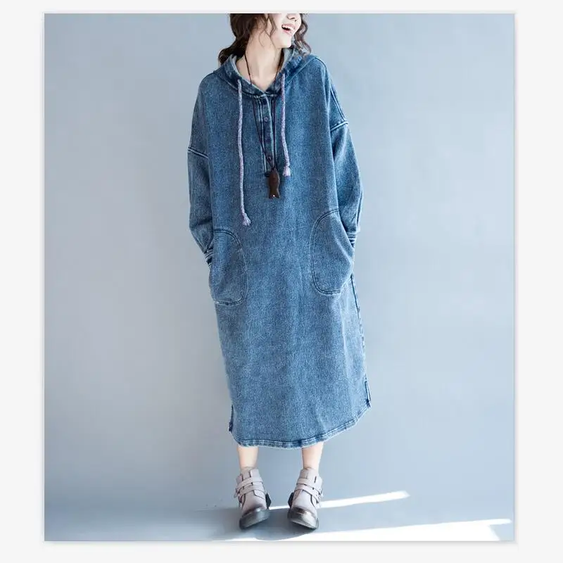 

2019 New Denim Hooded Dress For Women Spring Autumn Casual Clothes Korean Loose Fat MM Maxi Long Dress Femme Black Blue