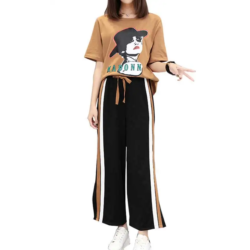 

New Summer Women Causal 2018 Autumn Fashion 2 Two Piece Set Plus Size Print Loose T-Shirt + Wide Leg Pants Sets Clothing