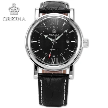 

Orkina Brand Mens Elegant Dress Black Leather Silver Case Date Display Wrist Watch for Men Clock 2016 New Fashion With Gift Box