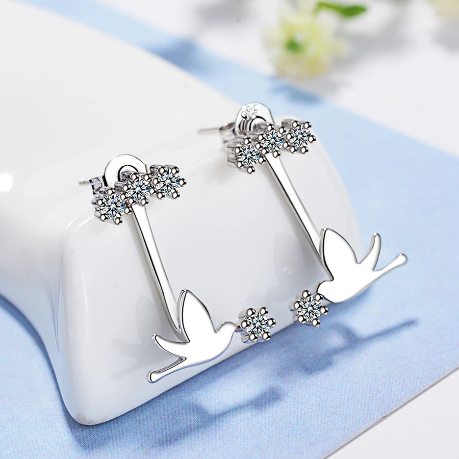 

925 Sterling Silver Creative Earring Romantic Design Cute Peace Dove Crystal Prevent Allergy Women Stud Earrings Love Jewelry