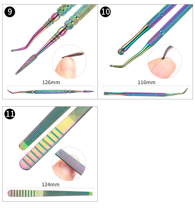 11 стилей, ложка для кутикулы из нержавеющей стали, толкатель, вилка для омертвевшей кожи, пилочки для дизайна ногтей, УФ-Гель-лак для удаления, уход за маникюром, паз, инструмент для очистки