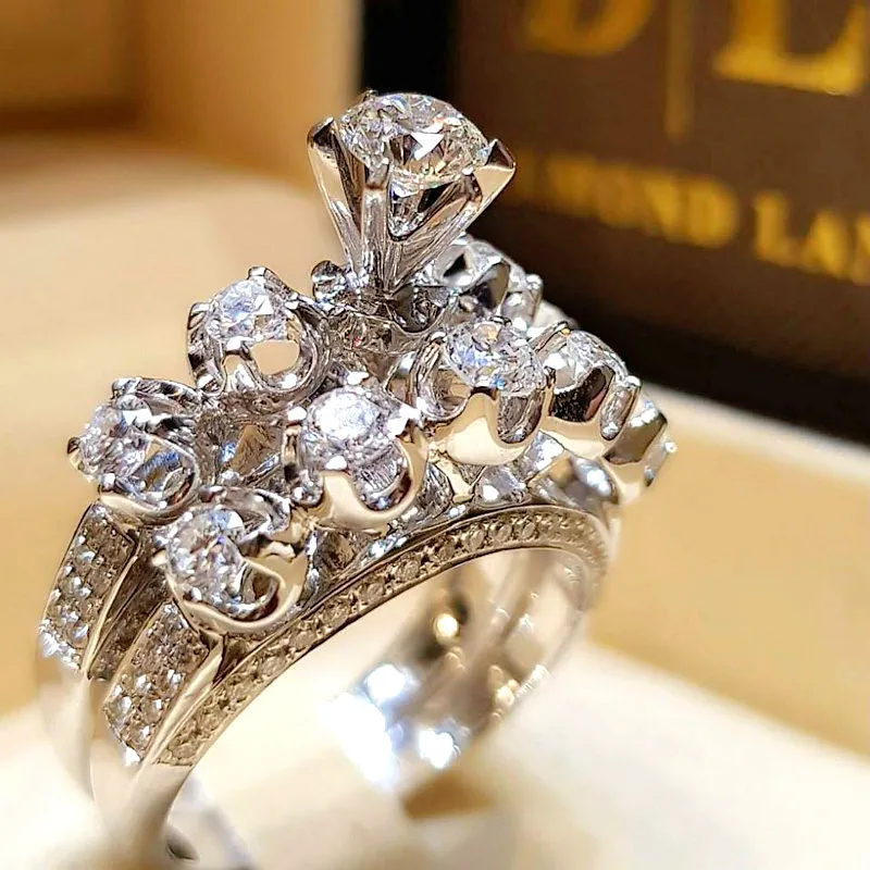 USTAR 2pc/set Luxury Crystal Zircon Promise Wedding Rings Set Boho Silver Bridal Engagement Rings For Women female anel jewelry - Цвет основного камня: 34