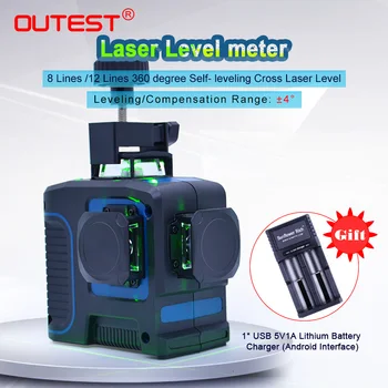 

OUTEST Laser Level meter LV2D 8 Lines LV3D 12 Lines green beam 360 degree Auto-leveling Cross laser Leveler with battery IP54