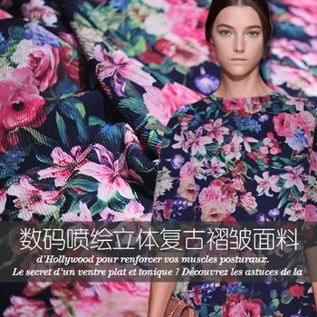 

Super beautiful new digital inkjet printing fabric folds three-dimensional retro fashion colorful floral dress cloth DIY