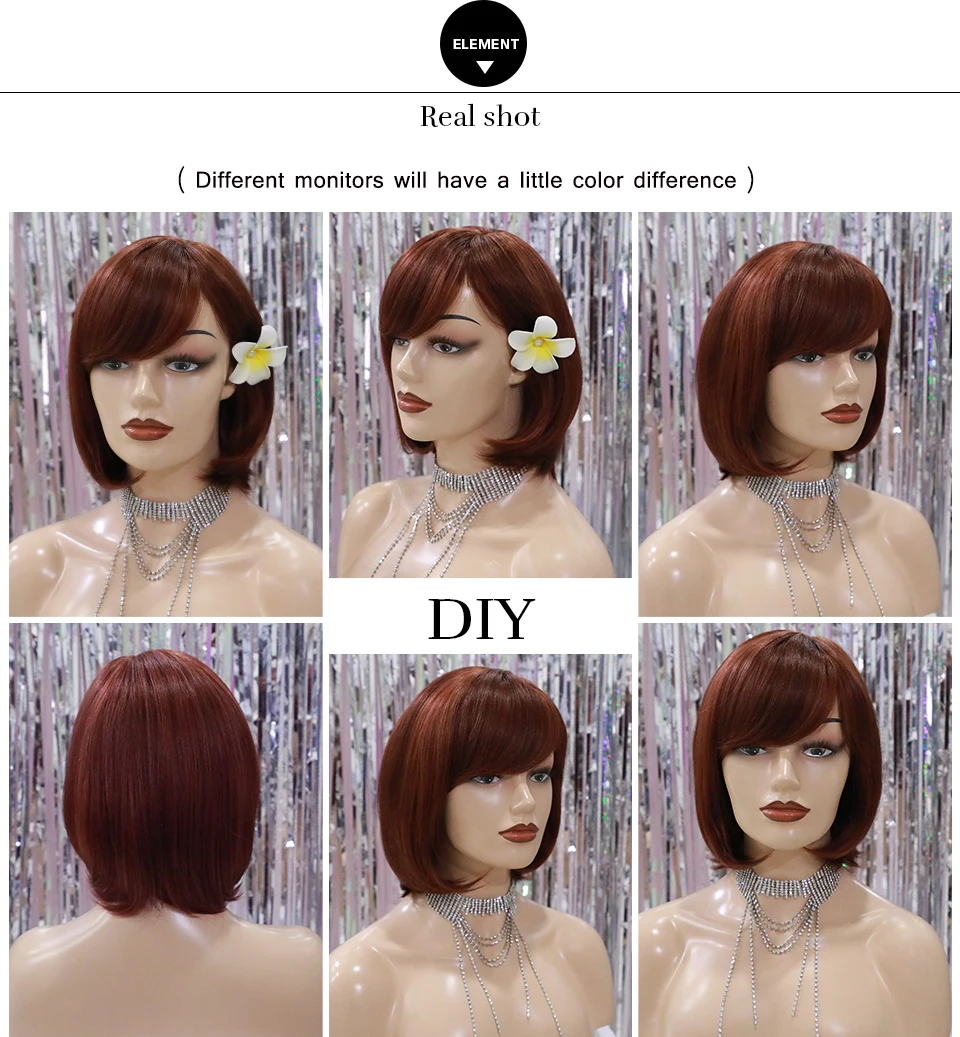 Element Heat Resistant Synthetic Brown Wig Blend 50% Human Hair High Density Pre Plucked Hairline 12 inch Long Wigs for Women