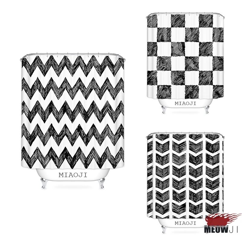 

[MIAOJI] Casual Graffiti Lines Black and White Shower Curtain Printed Polyester Fabric Bathroom Decor with Hooks Free Shipping