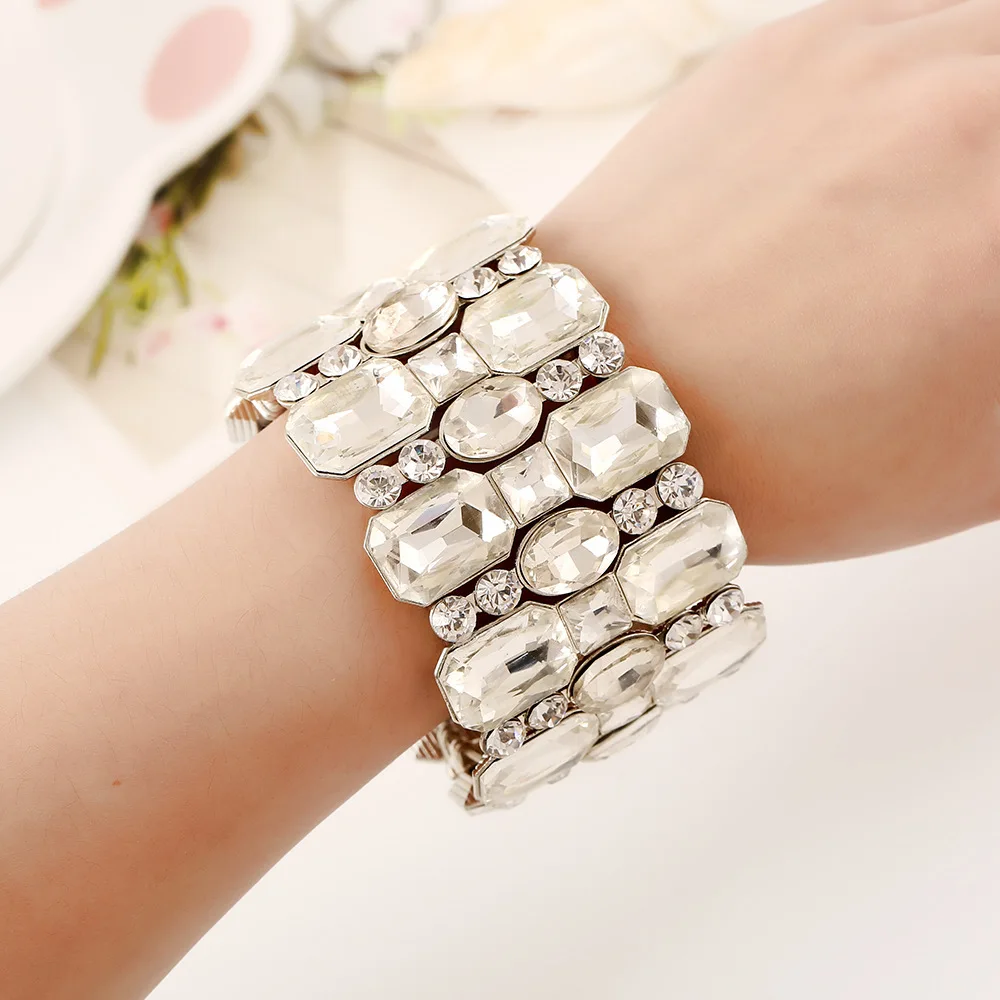 Luxury Big Chunky Crystal Rhinestone Elastic Bangle Bracelet Alloy Adjustable White Bracelet