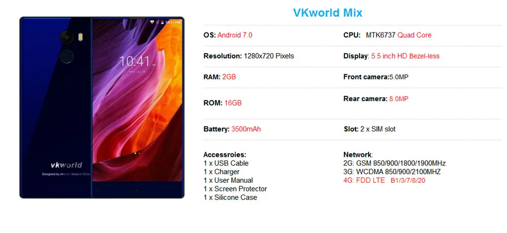 Vkworld Mix 5," полноэкранный 3500 мАч 2 Гб ОЗУ 16 Гб Android7.0 смартфон MTK6737 четырехъядерный 8 Мп+ 5 Мп отпечаток пальца 4G LTE сотовые телефоны