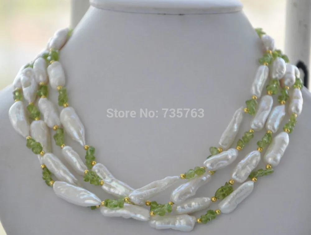 

NEW N955 4strands 23mm white biwa freshwater pearl green crystal necklace