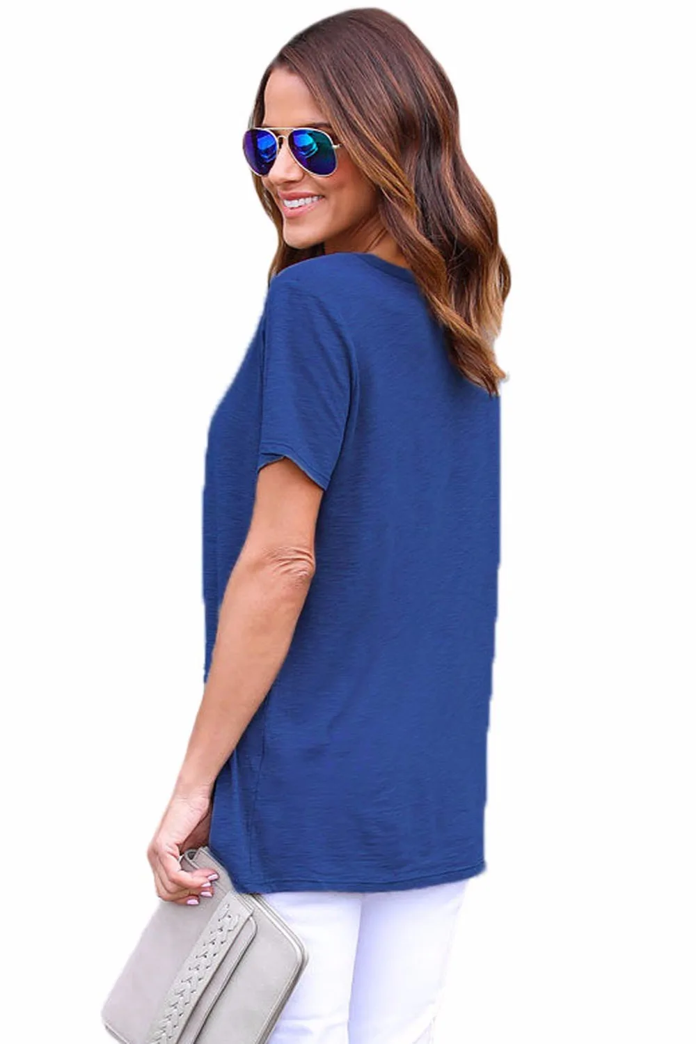 Navy-Blue-Short-Sleeves-Lace-up-Slub-Cotton-Tee-LC250014-5-2