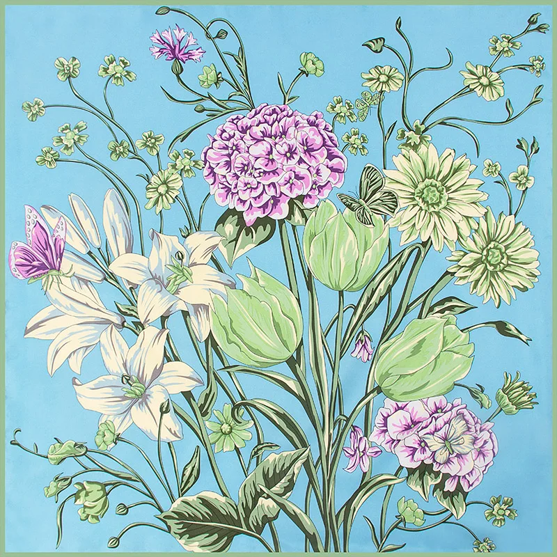Elegant Chinoiserie Flower Print Neck Square Scarf Headband