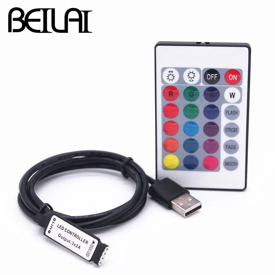 BEIYUN DC 5V 24Key USB LED RGB Controller IR Remote Control LED Light Dimmer For SMD 5050 2835