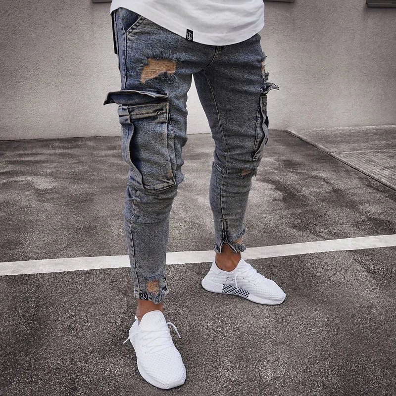 2019 Для мужчин s штаны-карго из денима джинсовые штаны с боковыми накладной карман обтягивающие мужские узкие джинсы посадки длинные брюки