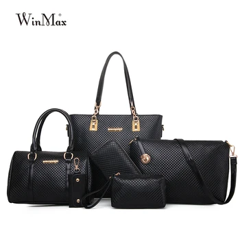 

Diamond Lattice Women bags Socialite 6pcs set PU Leather Top-handle Bag Boston Shoulder Bag Fashion Girl Handbag Caual Tote
