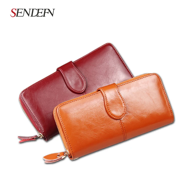 SENDEFN 100% Oil Wax Cowhide Leather Women Wallet Phone Pocket Purse Wallet Female Card Holder Lady Clutch Carteira Feminina