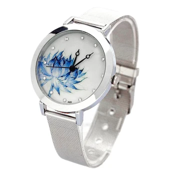 

New Women Mesh Quartz Wrist Watch Round Dial Stainless Steel Quartz Art Gift Blue Lotus