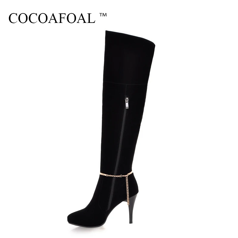 

COCOAFOAL Women's Autumn Winter Black High Heeled Shoes Fashion Metal Decoration Knee High Boots Sexy Crystal Knee High Boots