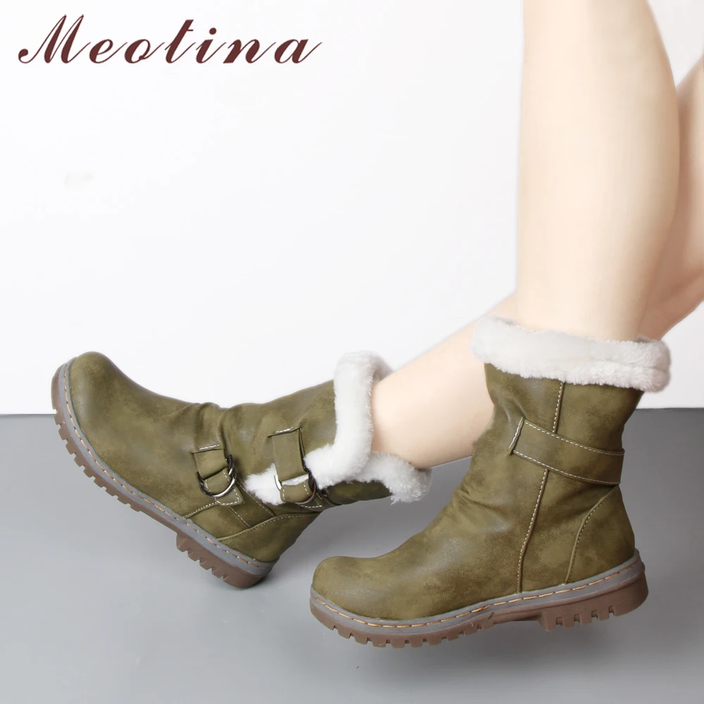 

Meotina Winter Snow Boots Women Fur Warm Ankle Boots Buckle Mid Square Heel Short Boots Round Toe Ladies Shoes Yellow Size 34-46
