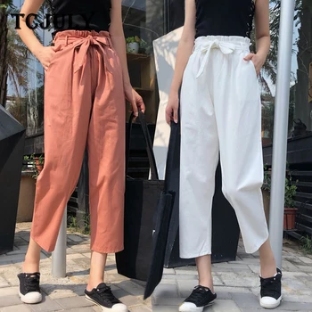 

TCJULY Korean Style Cotton Solid Straight Pants With Bow Sashes Loose Casual Women's Trousers Streetwear Slim Ankle Length Pants