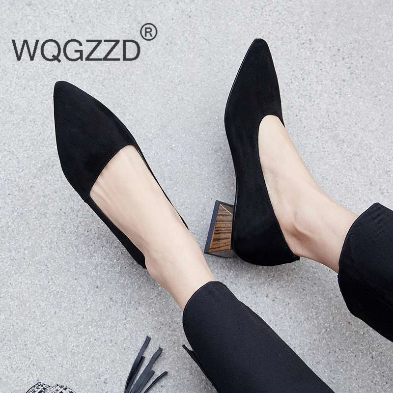 

Chaussure femme new shoes women brand wedding party pumps kid suede block low heels pointed toe office lady casual wear shoes