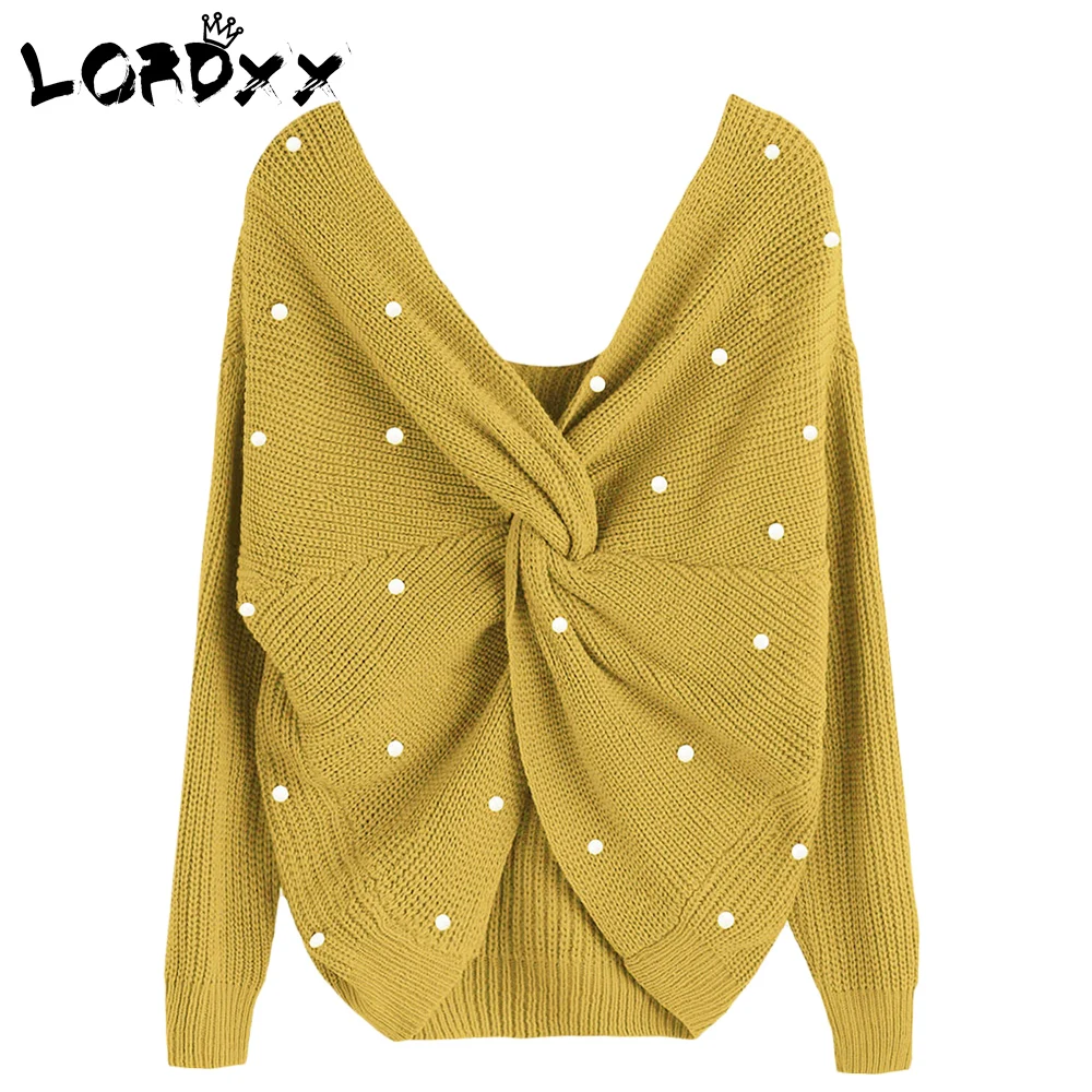

LORDXX Twisted Back Sweater Women Jumpers Pullovers V Neck Backless Long sleeve sweater with beads oversized yellow sweater
