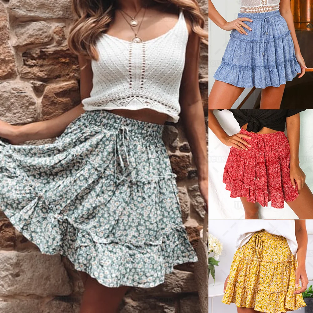 

Summer New Arrival Mini Skirt Fashion Boho Flower Dot Print Sexy Women Half-length Beach Skirt Dress