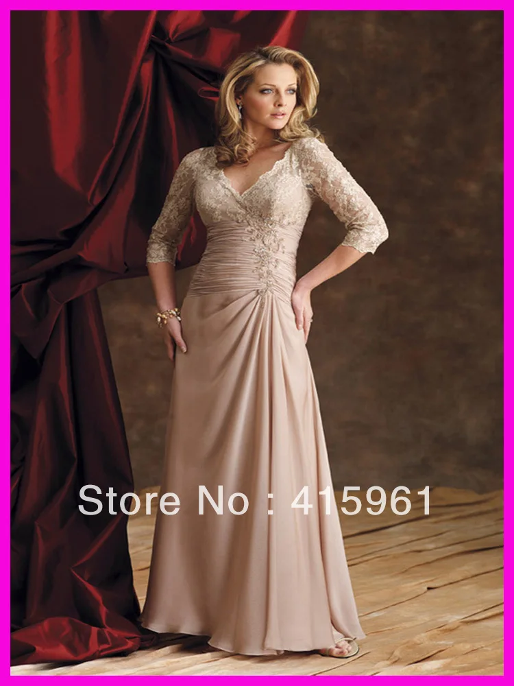 

One Piece Long Sleeve V Neck Lace Custom Made Mother of the Bride Gowns Dresses Chiffon M183