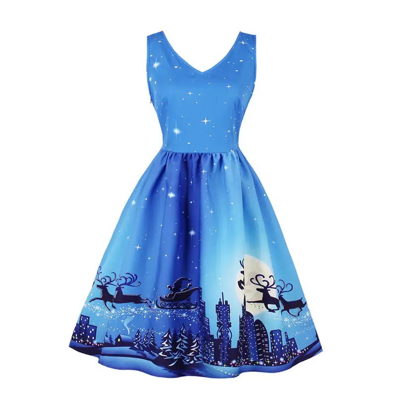 

Ladies Christmas Printing Sleeveless V-neck A-Line Dress Retro Vintage Womens Evening Party Swing Dress 2018 Summer Sundress New