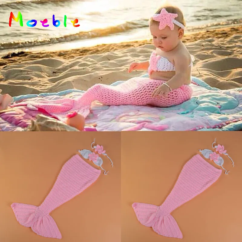 Pink Color Baby Girl Mermaid Photo Props Knitted Mermaid Tail with Bra and Headband Set Infant Cartoon Costume MZS-16055 Pink Color Baby Girl Mermaid Photo Props Knitted Mermaid Tail with Bra and Headband Set Infant Cartoon Costume MZS-16055