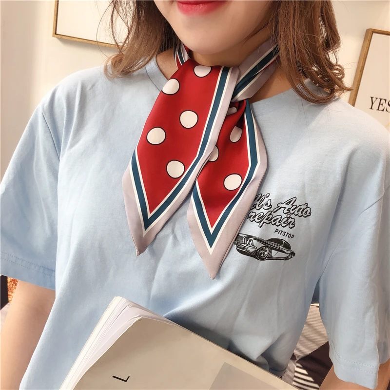 

Designer 2019 Women Silk Neck Scarf Skinny Polka Dot Print Scarves for Ladies brand Hand Bag Ribbon Scarfs Sharp-angle Band