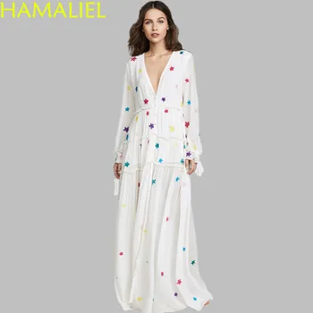 

HAMALIEL Boho Chiffon White Split Dress Runway Spring Women Embroidery Stars Tassle Dress Sexy Deep V Neck Holaiday Maxi Dress